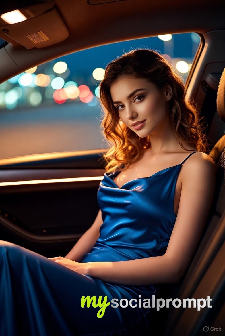 nanobanana prompt: Cinematic Fashion Portrait in Luxury Sedan — Midnight Blue Satin 2