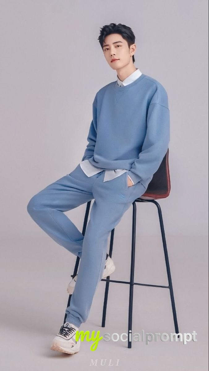 nanobanana prompt: Full-Body Studio Fashion Photography of East Asian Man in Dusty Blue K-Fashion Editorial 2