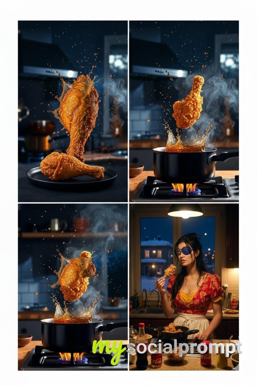 nanobanana prompt: Dinner Time Aesthetics: Cinematic Fried Chicken Collage