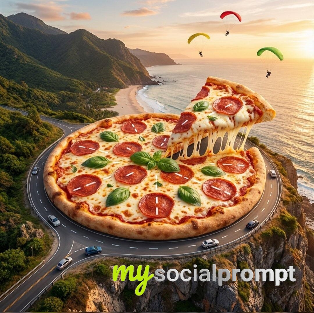 nanobanana prompt: Surreal Pizza Landscapes with Cinematic Fantasy Lighting