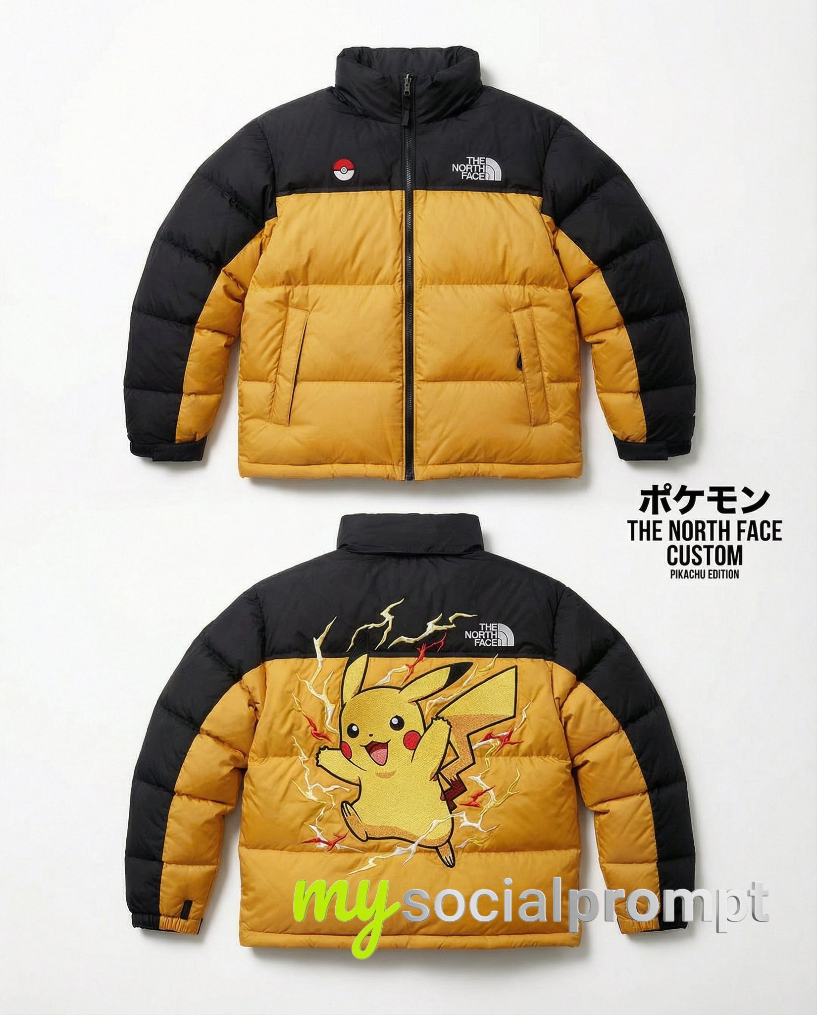 nanobanana prompt: Luxury Streetwear Editorial: Pokémon-Inspired Nuptse Jacket