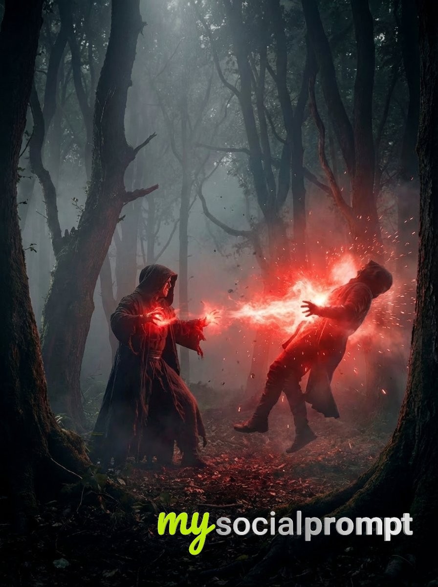 nanobanana prompt: Cinematic Forest Duel with Glowing Red Energy & Moody Lighting 3