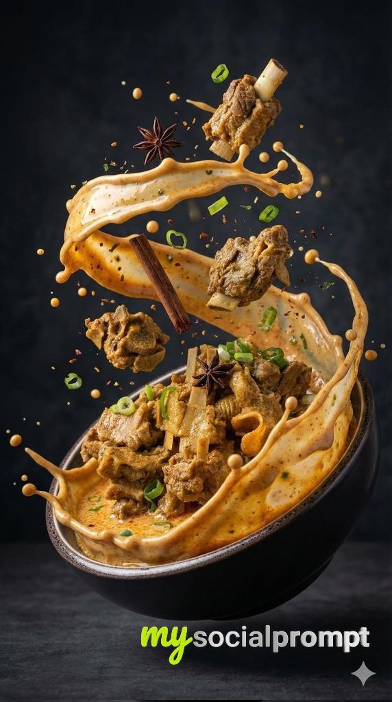nanobanana prompt: Dynamic Splash Food Photography: Spicy Meat Soup in Mid-Air