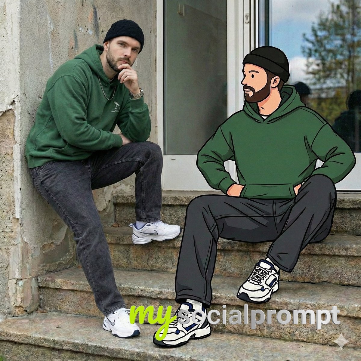 nanobanana prompt: Mixed Reality Street Portrait with Graphic Illustration Blend 3