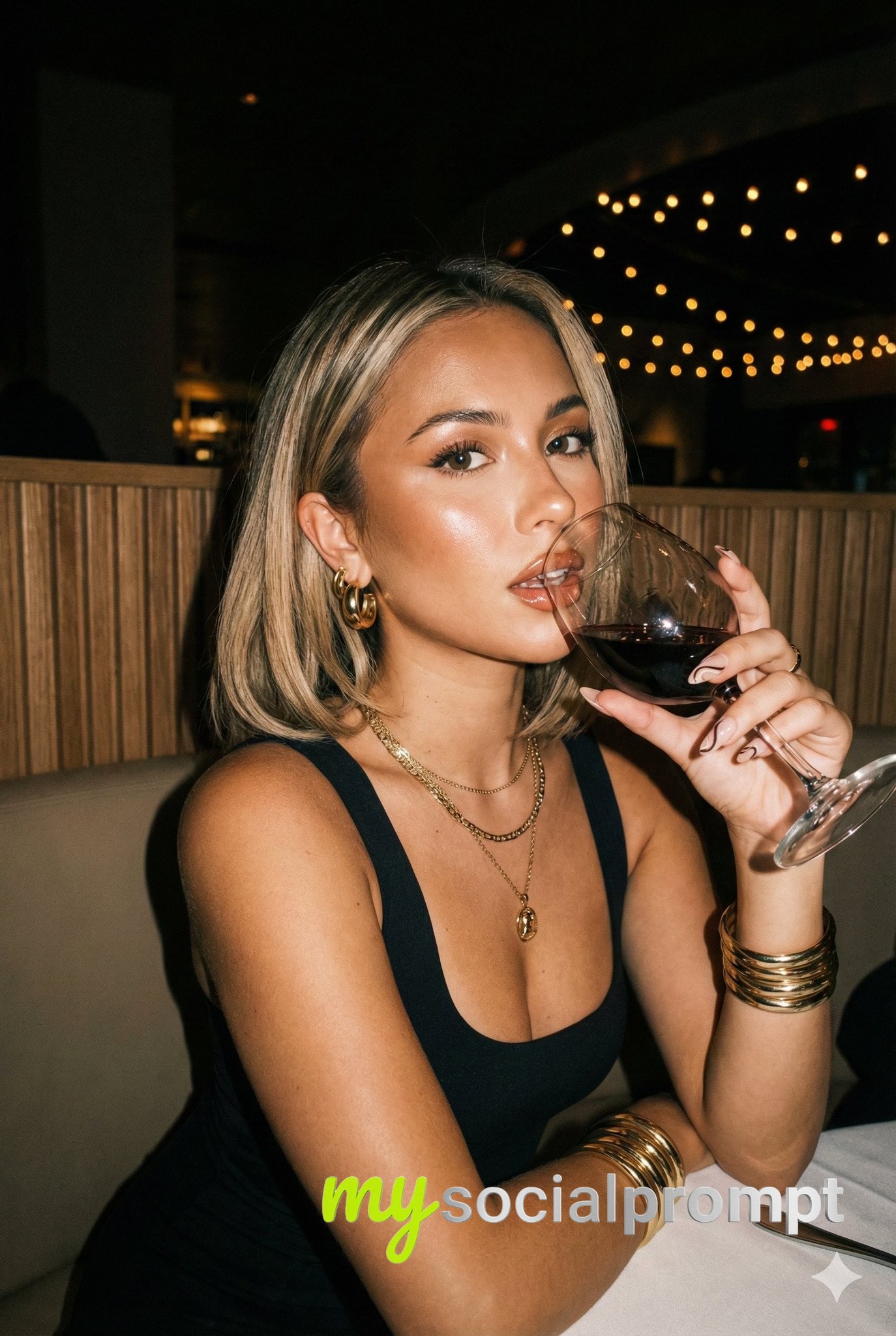 nanobanana prompt: Flash Photography Portrait with Cinematic Lighting & Gold Jewelry