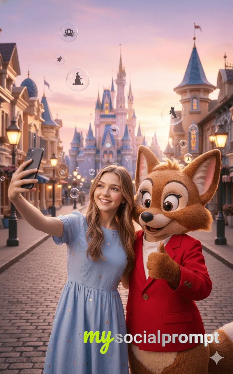 nanobanana prompt: Cinematic Theme Park Selfie with Fox Mascot in Golden Hour Magic
