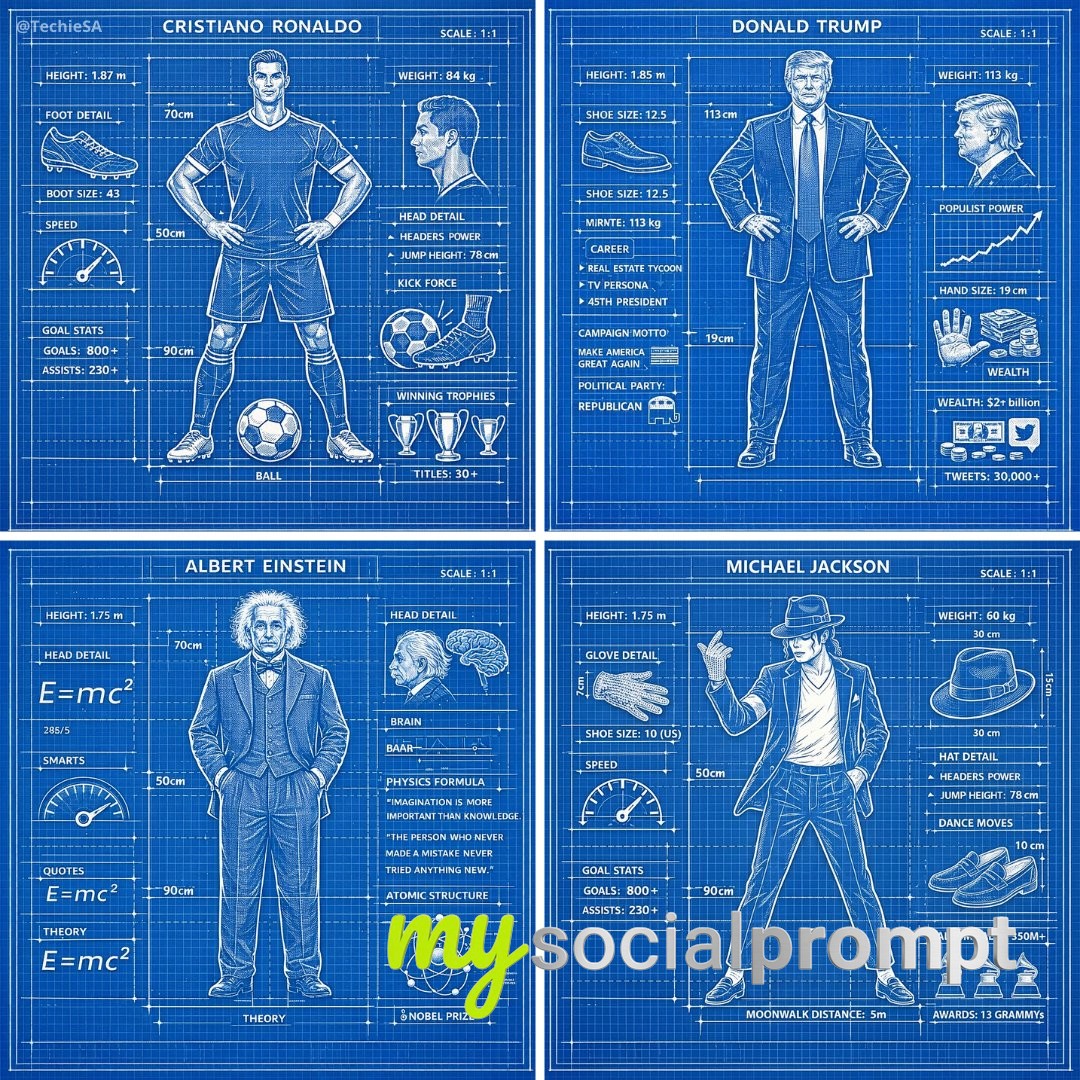 nanobanana prompt: Technical Blueprint Illustration of Character with Schematic Annotations