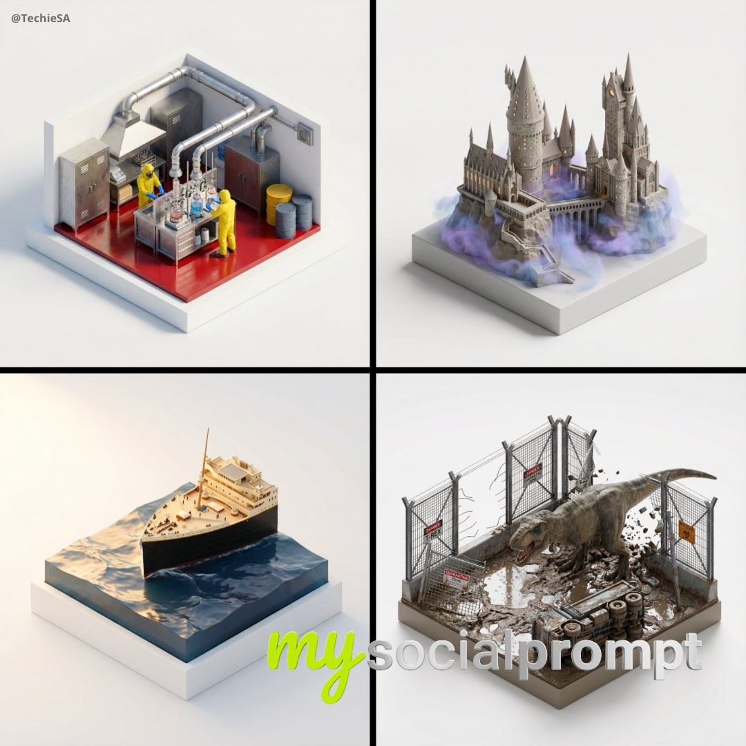 nanobanana prompt: Isometric Diorama with Cinematic Lighting & Hyper-realistic Detail