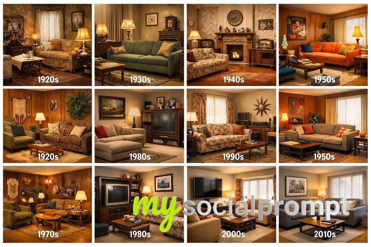 nanobanana prompt: Living Room Time Travel: 1920s to Futuristic Interior Evolution