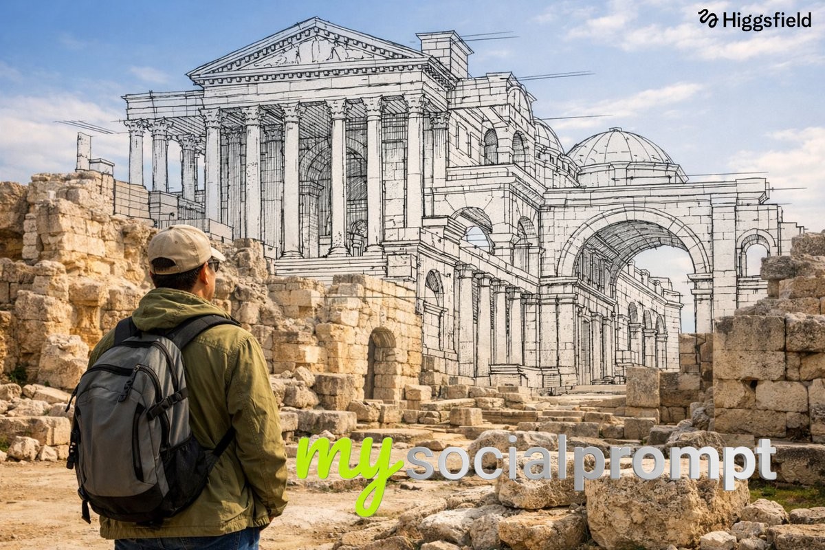 nanobanana prompt: Architectural Sketch Overlay in Decayed Environment with Cinematic Lighting 3