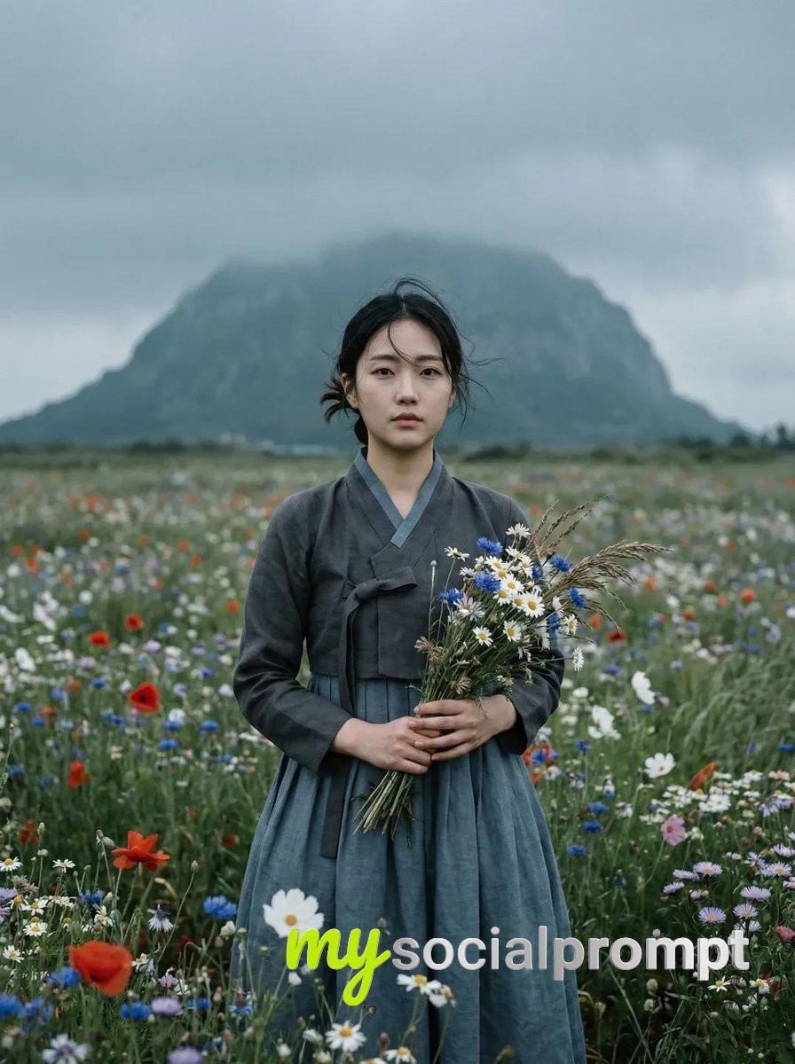 nanobanana prompt: Cinematic Hanbok Portrait in Wildflower Meadow