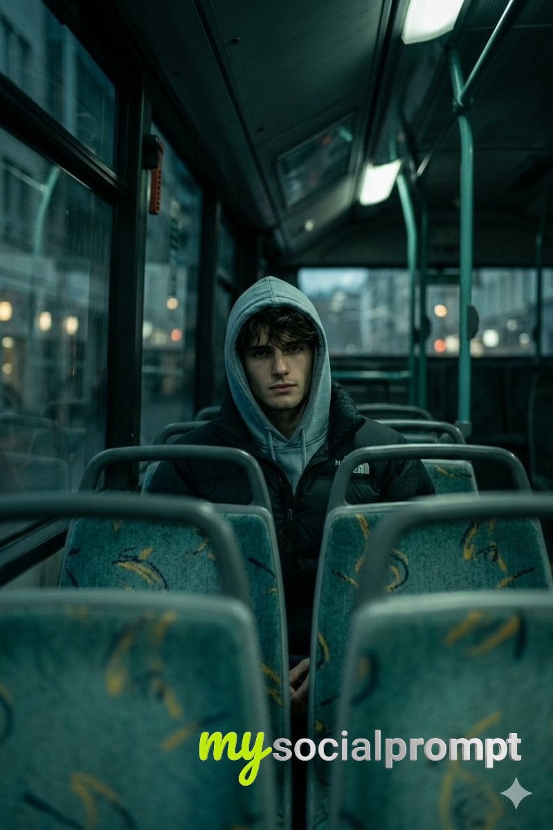nanobanana prompt: Cinematic Urban Isolation: Low-Angle Bus Portrait with Cool Muted Tones