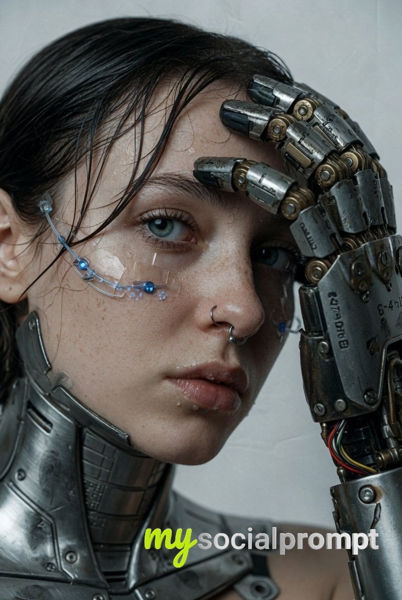 nanobanana prompt: Cybernetic Portrait with Prosthetic Hand, Cinematic Lighting