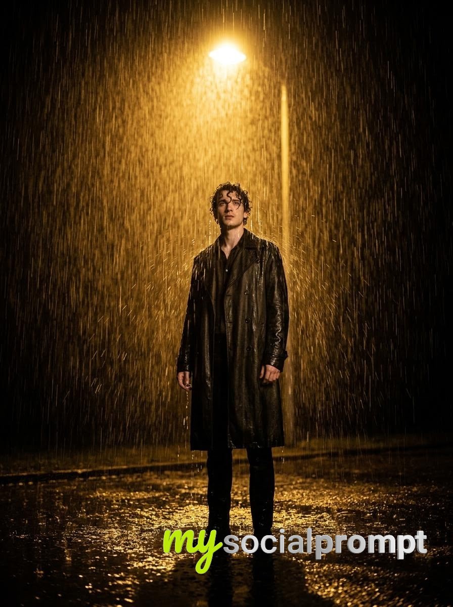 nanobanana prompt: Cinematic Night Rain Portrait with Golden Streetlight Glow