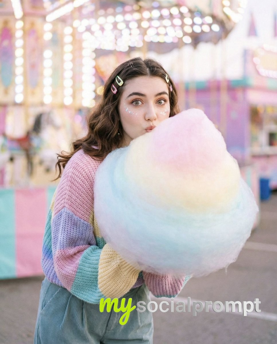nanobanana prompt: Whimsical Fair Editorial with Pastel Cotton Candy & Soft-Focus Realism