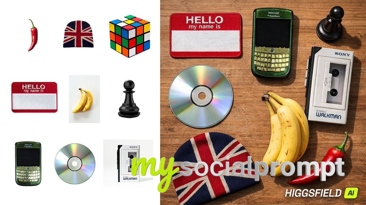 nanobanana prompt: Minimalist Flat Lay with Retro Objects and Warm Lighting