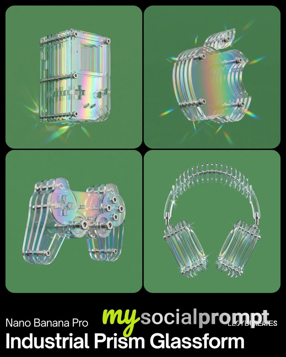 nanobanana prompt: Prismatic Industrial Minimalism with Spectral Glassform