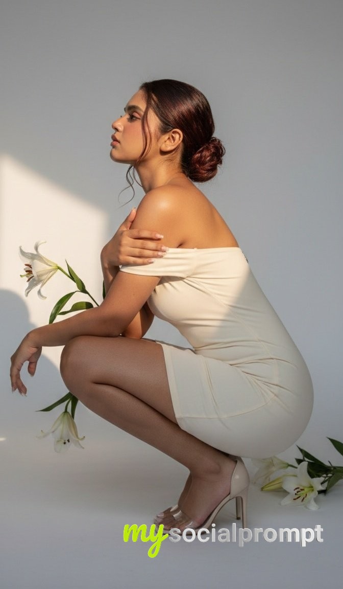 nanobanana prompt: Minimalist Studio Fashion Editorial – Deep Squat Pose with White Lily