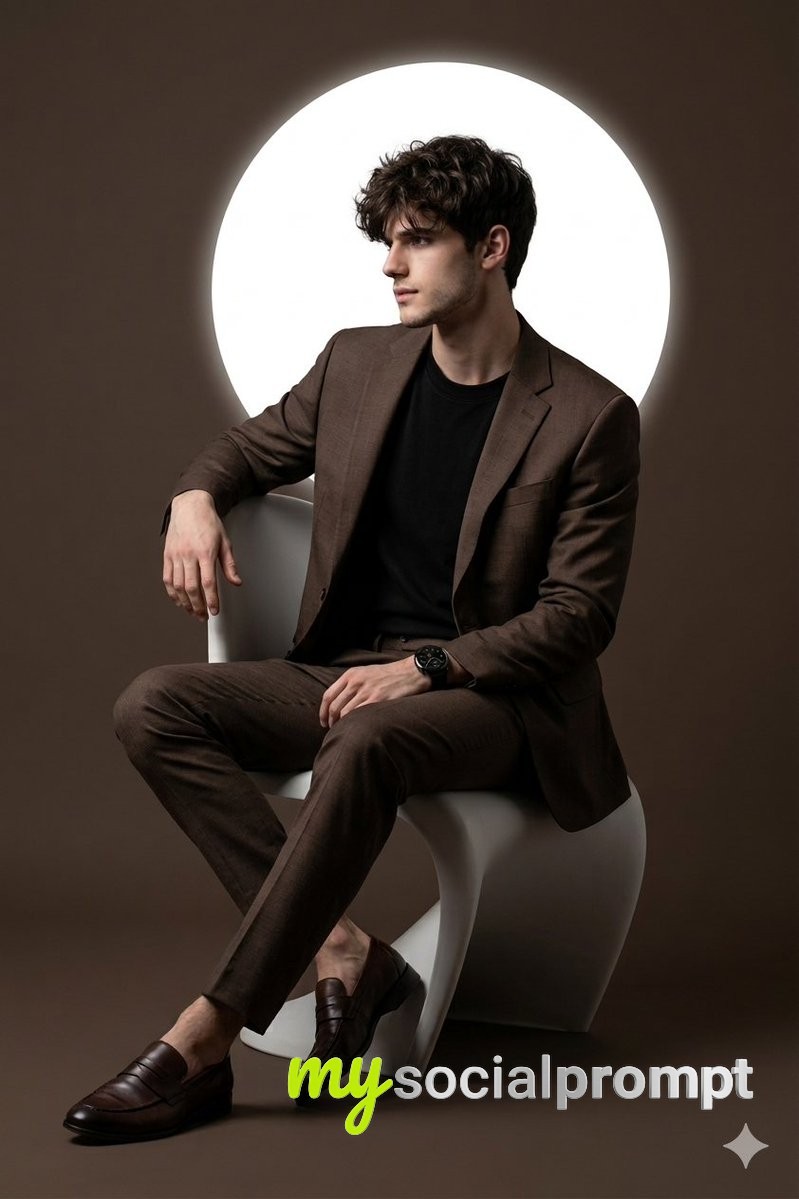 nanobanana prompt: Cinematic Studio Portrait of a Young Man in Brown Suit on Minimalist Chair