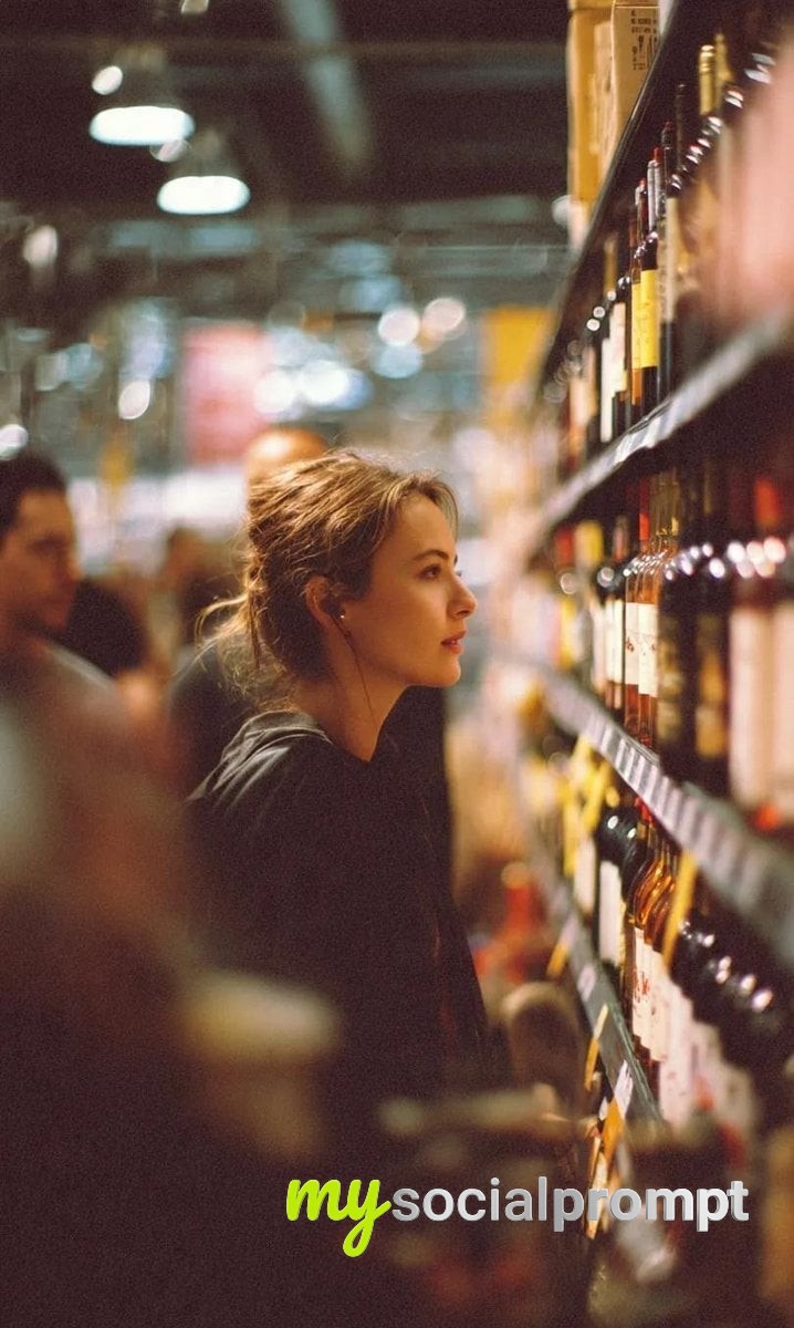 nanobanana prompt: Cinematic Grocery Store Portrait – Woman Choosing Wine, Warm Lighting, Shallow Depth of Field