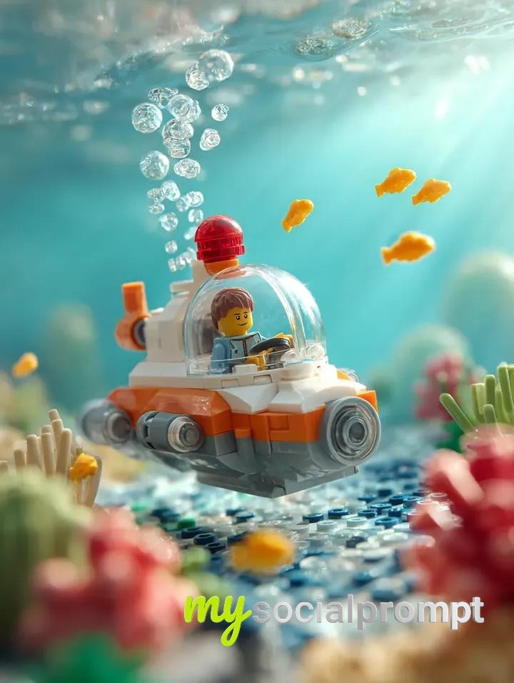 nanobanana prompt: LEGO Submarine with Fish and Coral in Vibrant Underwater Macro Photography