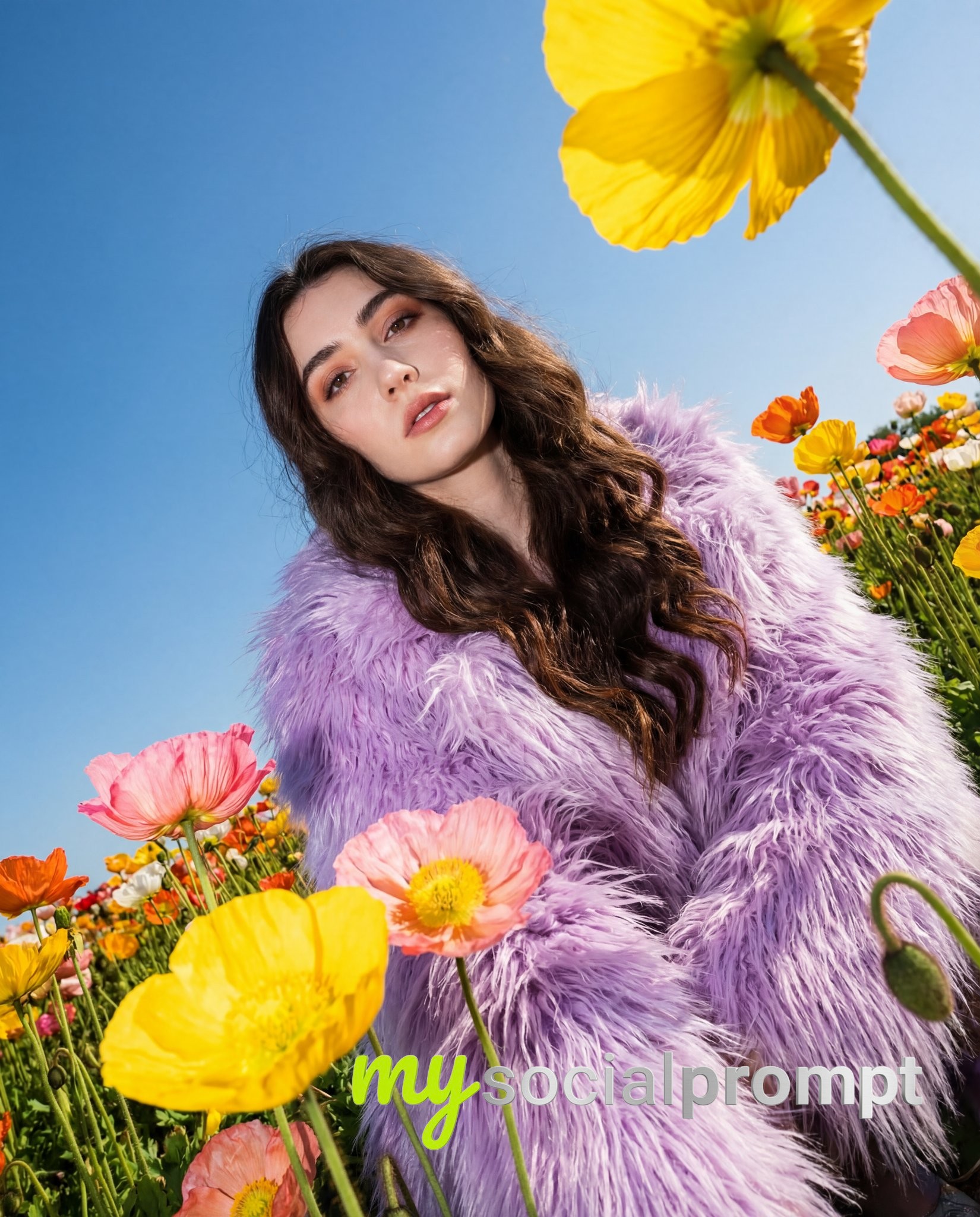 nanobanana prompt: Editorial Fashion Portrait in Poppy Field with Harsh Flash - AI Prompt Image 2
