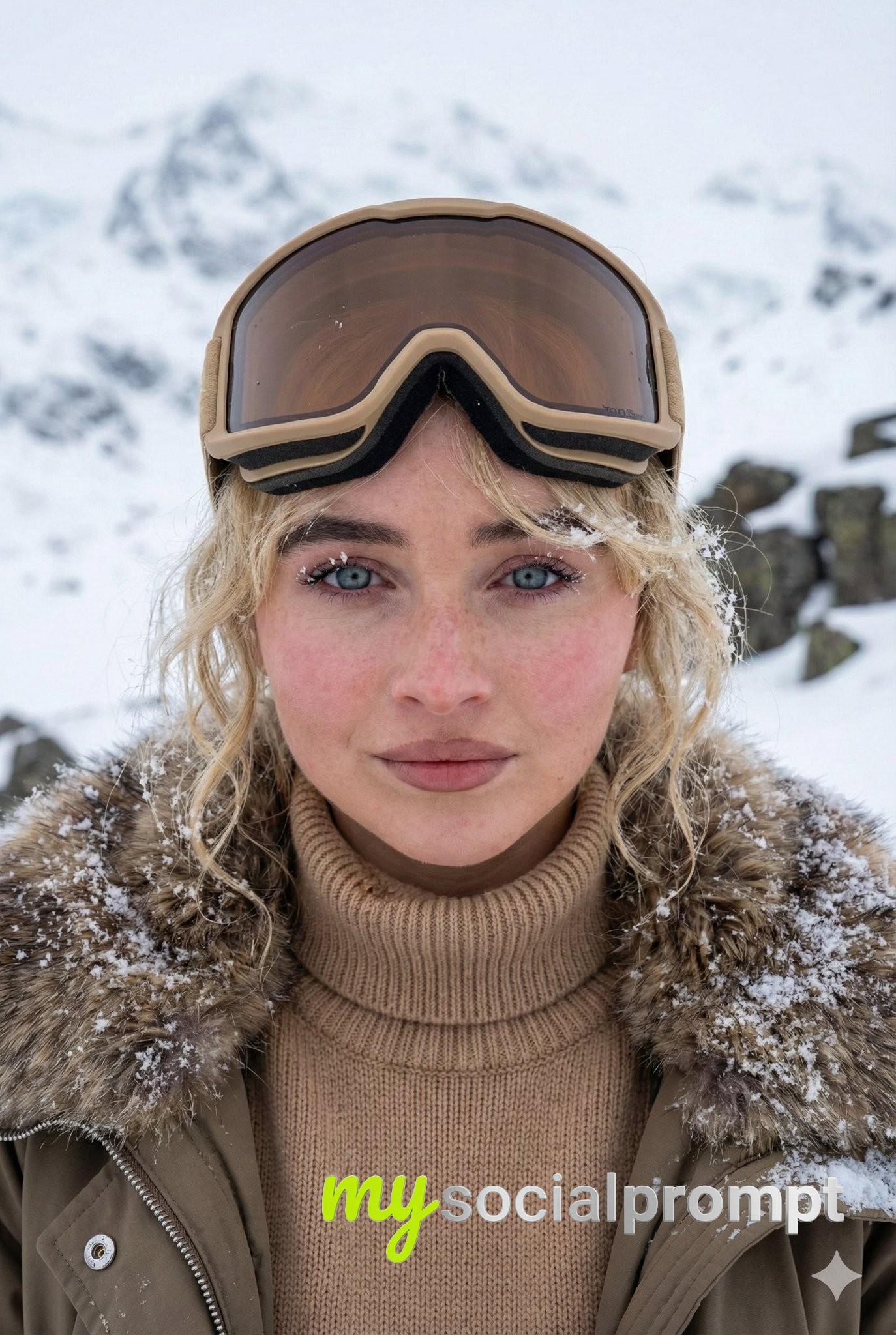 nanobanana prompt: Cinematic Alpine Portrait with Hyper-detailed Snow Effects 2