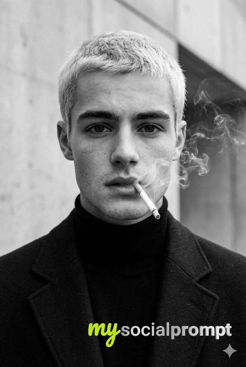 nanobanana prompt: Dramatic Monochrome Fashion Portrait with Cinematic Lighting and Soft Smoke