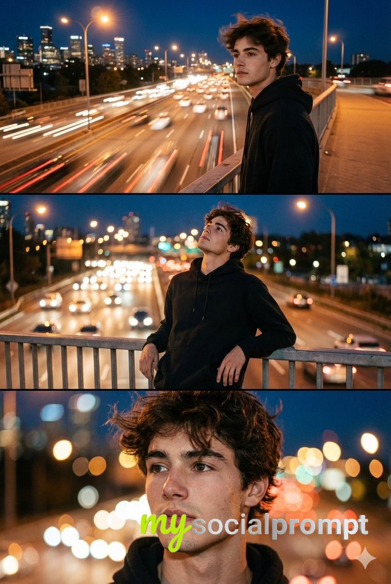 nanobanana prompt: Cinematic Triptych Portrait with Urban Night Atmosphere