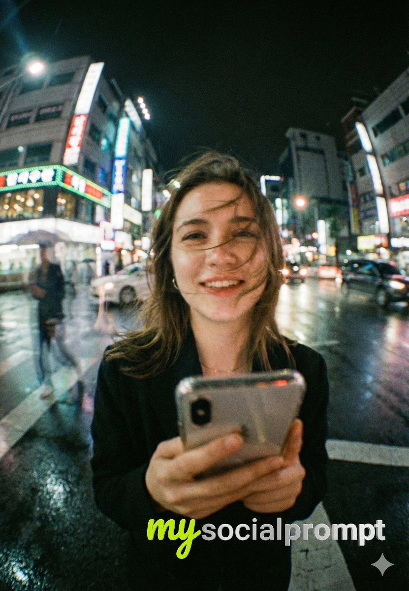 nanobanana prompt: Cinematic Urban Portrait with Neon Lighting & Film Grain
