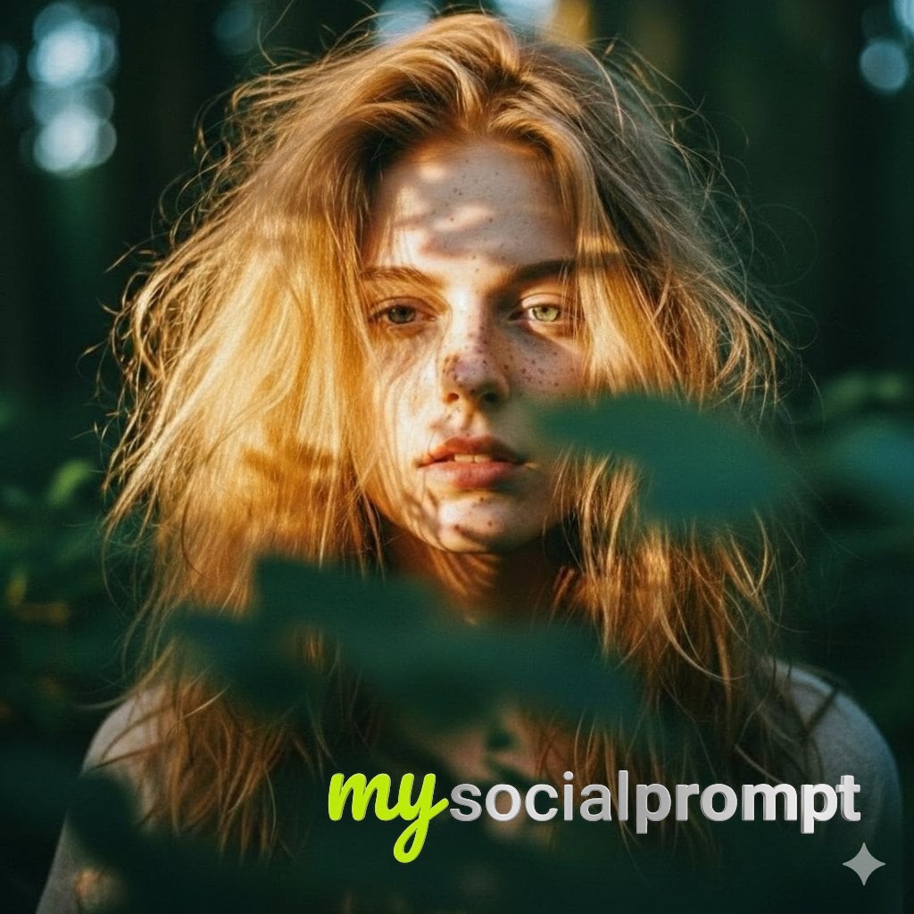 nanobanana prompt: Ethereal Forest Portrait with Cinematic Dappled Light