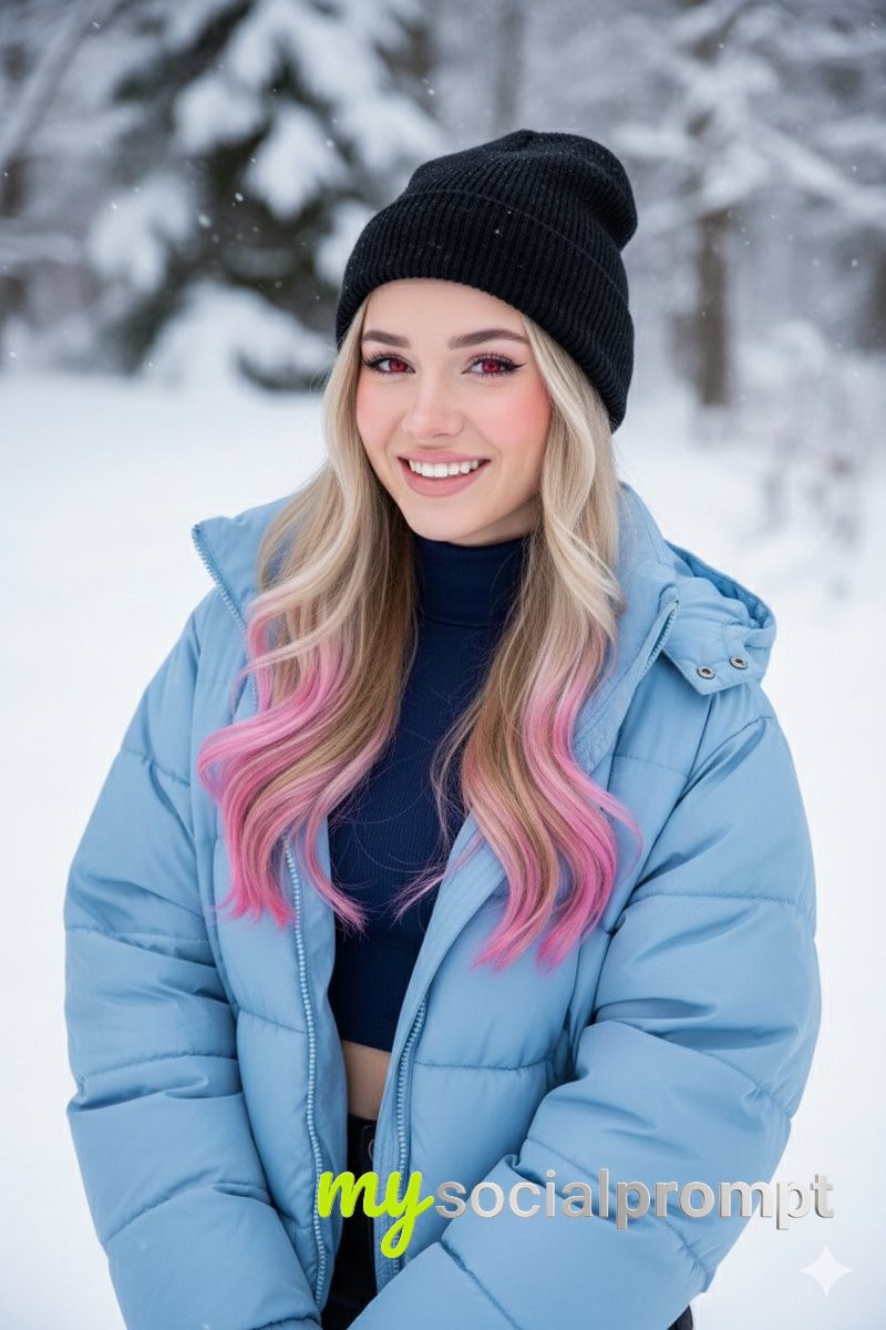 nanobanana prompt: Winter Portrait with Cinematic Lighting & Vibrant Character Design