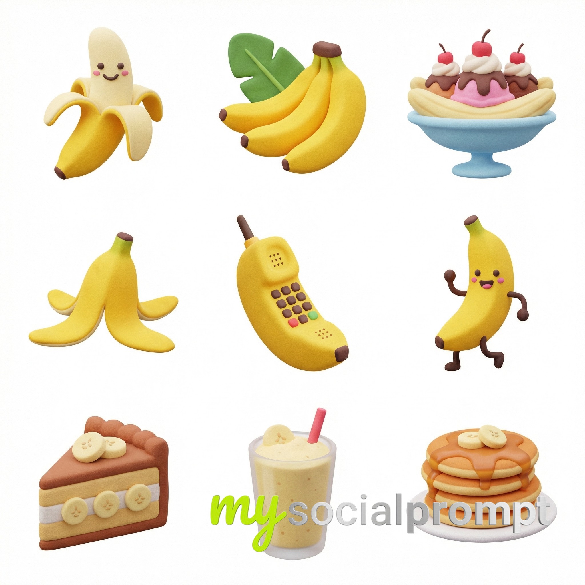 nanobanana prompt: Colorful 3D Icon Grids for Dogs, Bananas, January, and Cats 2