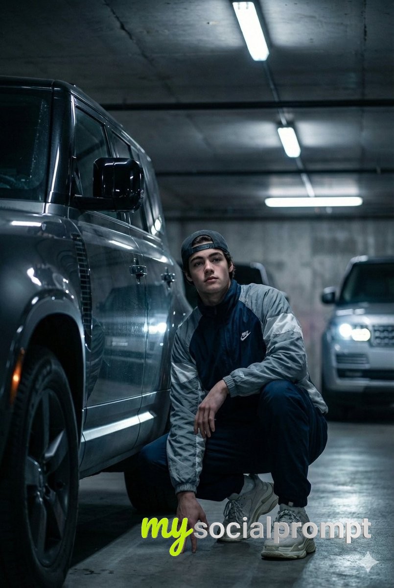 nanobanana prompt: Hyper-realistic Low-Angle Portrait of Urban Youth in Cinematic Garage 2