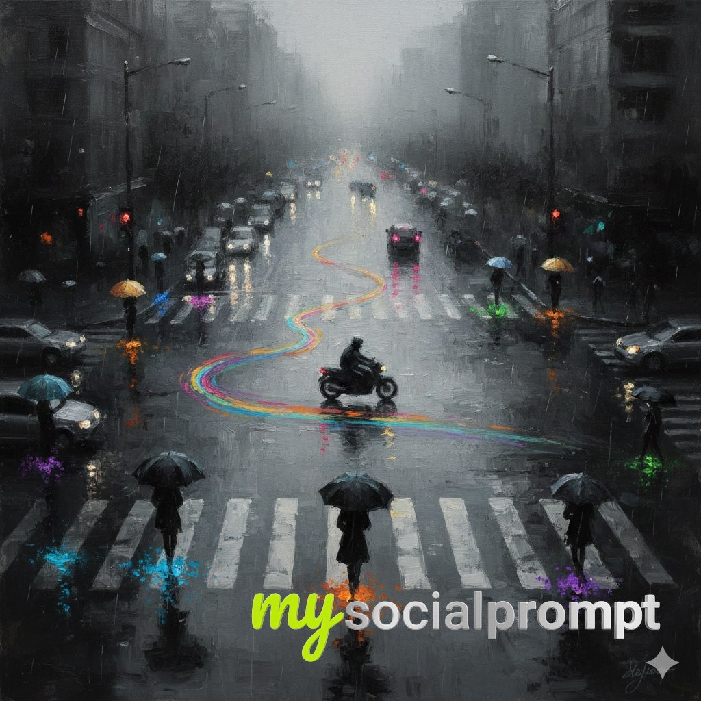 nanobanana prompt: Impressionist Urban Rain Scene with Monochrome Palette & Colorful Glows