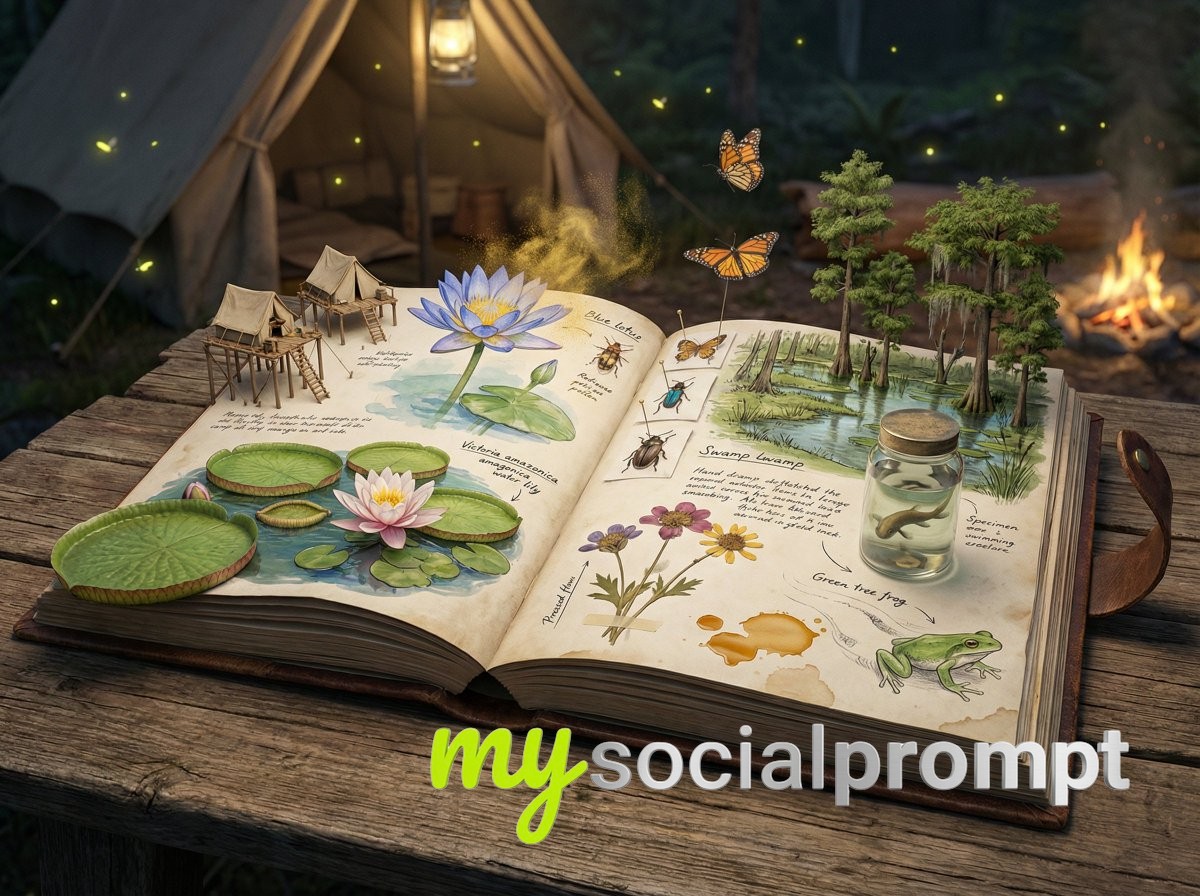nanobanana prompt: Photorealistic 3D Scene of Living Botanical Journal with Hyper-realism 2