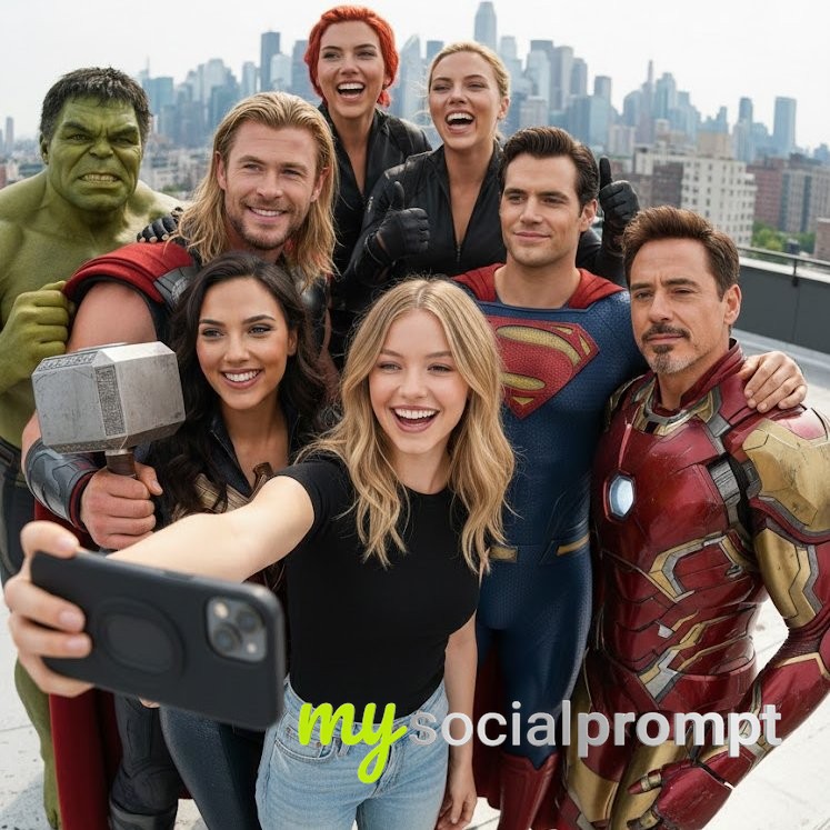 nanobanana prompt: Cinematic Celebrity Selfie with Hyper-realistic Detail & Joyful Mood