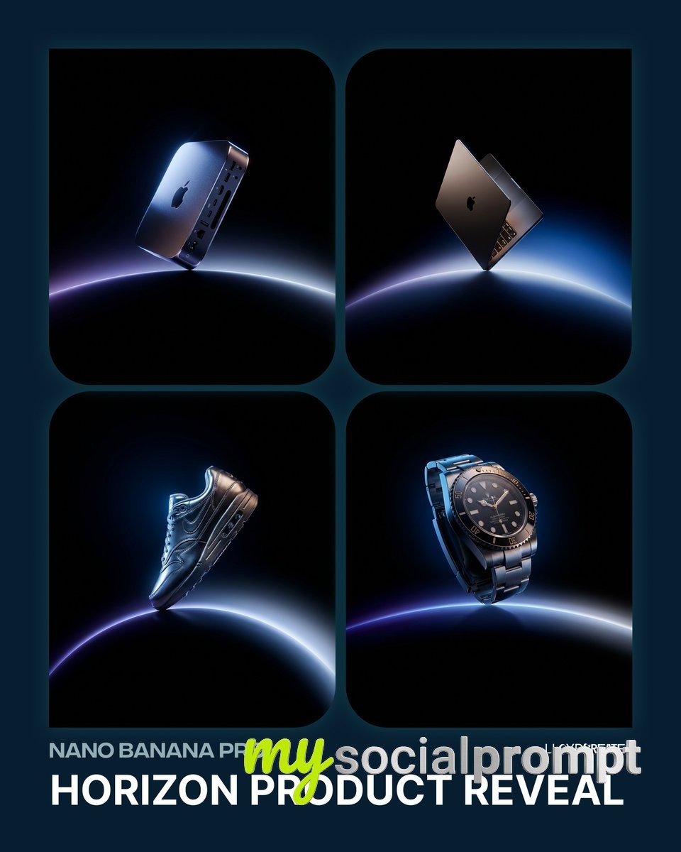nanobanana prompt: Cinematic Mac Mini Product Reveal with Horizon Arc