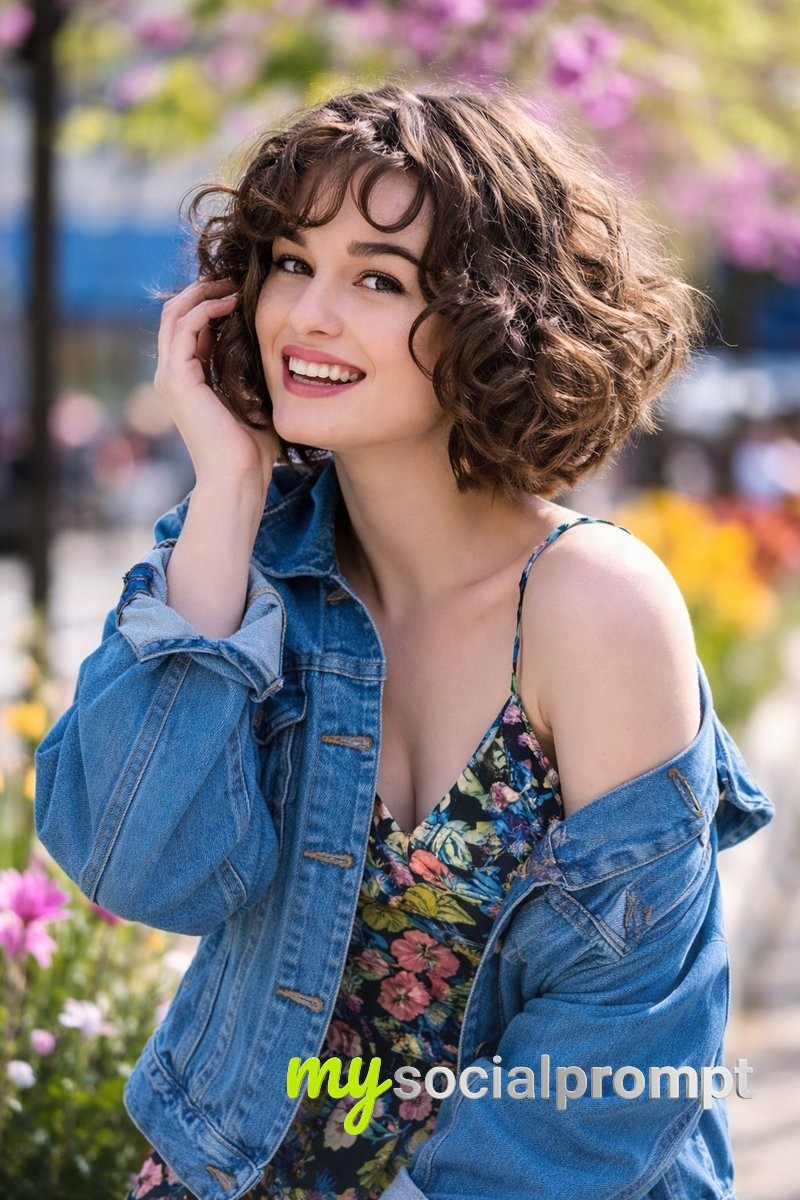 nanobanana prompt: Urban Garden Portrait with Soft Daylight & Voluminous Curls
