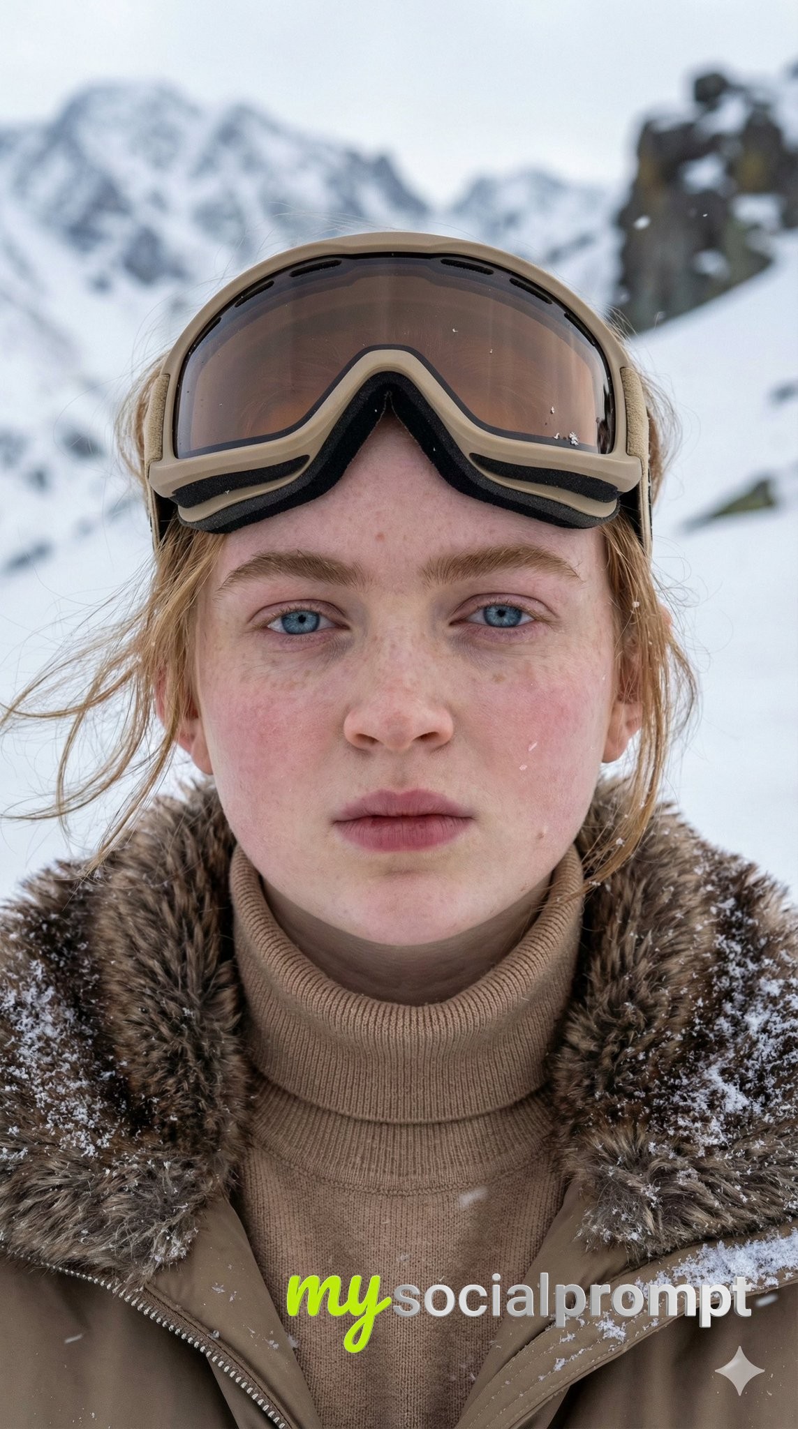nanobanana prompt: Cinematic Alpine Portrait with Hyper-detailed Snow Effects 3