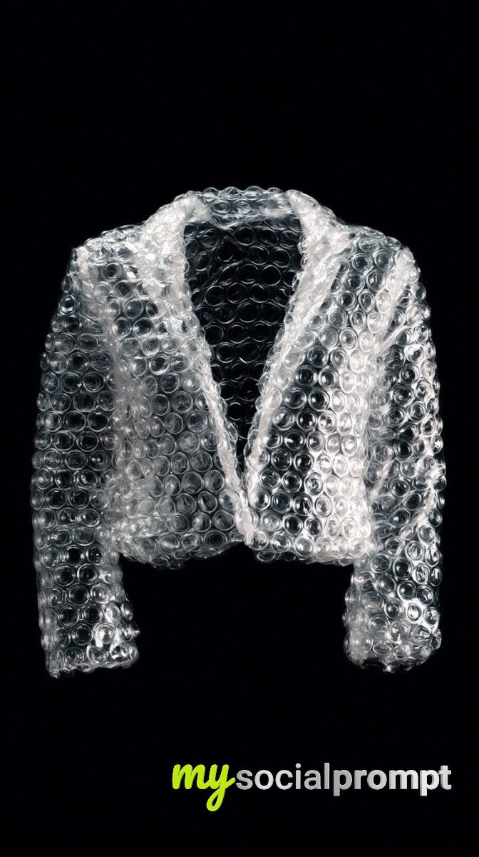 nanobanana prompt: Transparent Bubble Wrap Dress Studio Shot, Minimalist High-Fashion Editorial 2