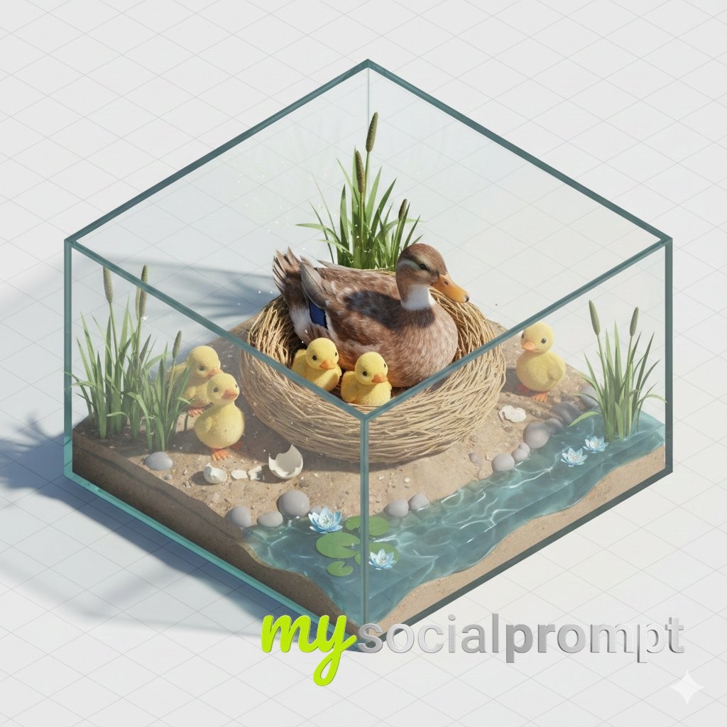 nanobanana prompt: Isometric Diorama of Parrot Feeding Chicks in Storybook Style