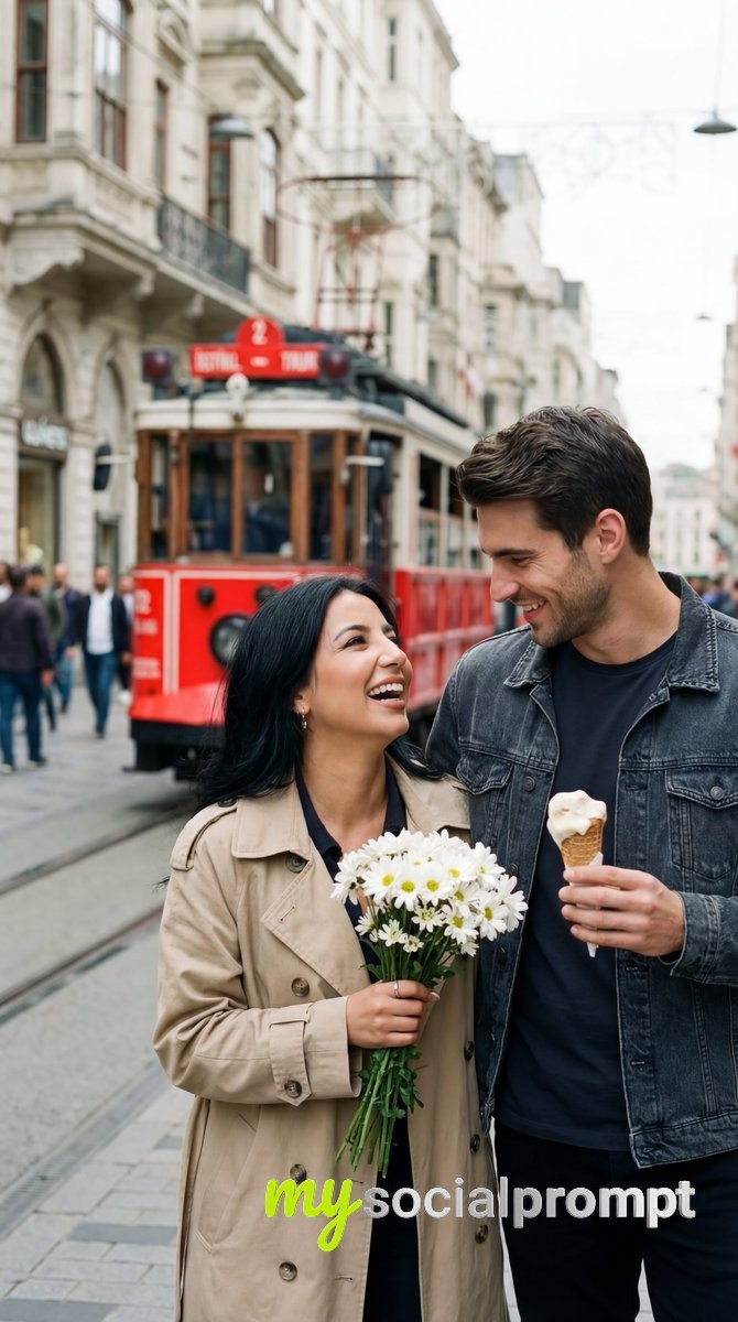 nanobanana prompt: Candid Street Romance in Istanbul with Nostalgic Tram and Daisies