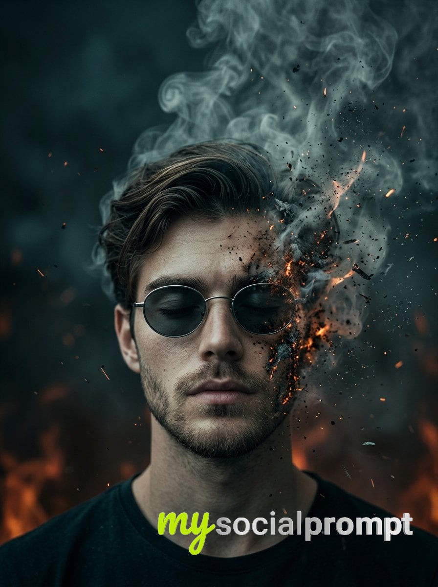 nanobanana prompt: Surreal Portrait of a Man Disintegrating into Smoke and Embers