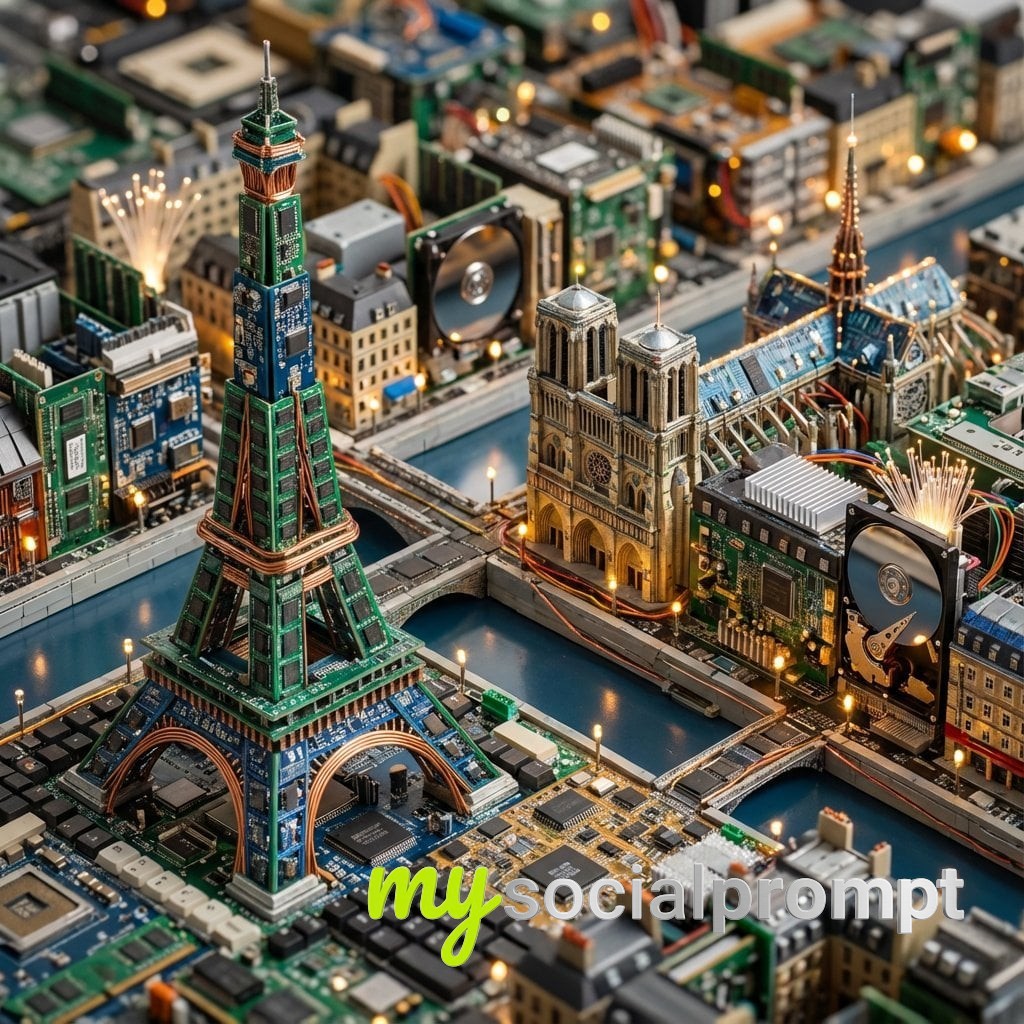 nanobanana prompt: Miniature Parisian Skyline from Croissant Crumbs – Macro Diorama
