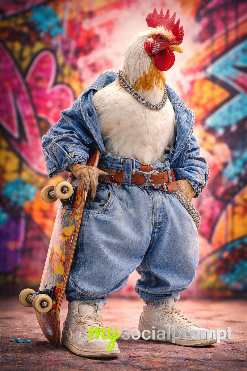 nanobanana prompt: Cinematic Streetwear Portrait of a Skating Rooster in Denim