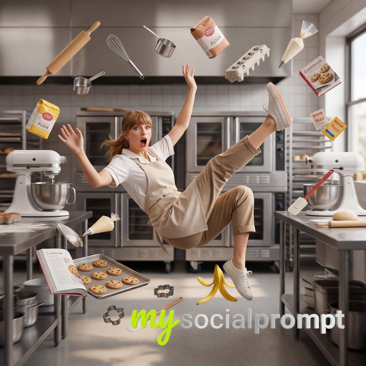 nanobanana prompt: Cinematic Freeze-Frame of a Chef Slipping on a Banana Peel, Mid-Air Fall, Hyper-Realistic Meme Style 2