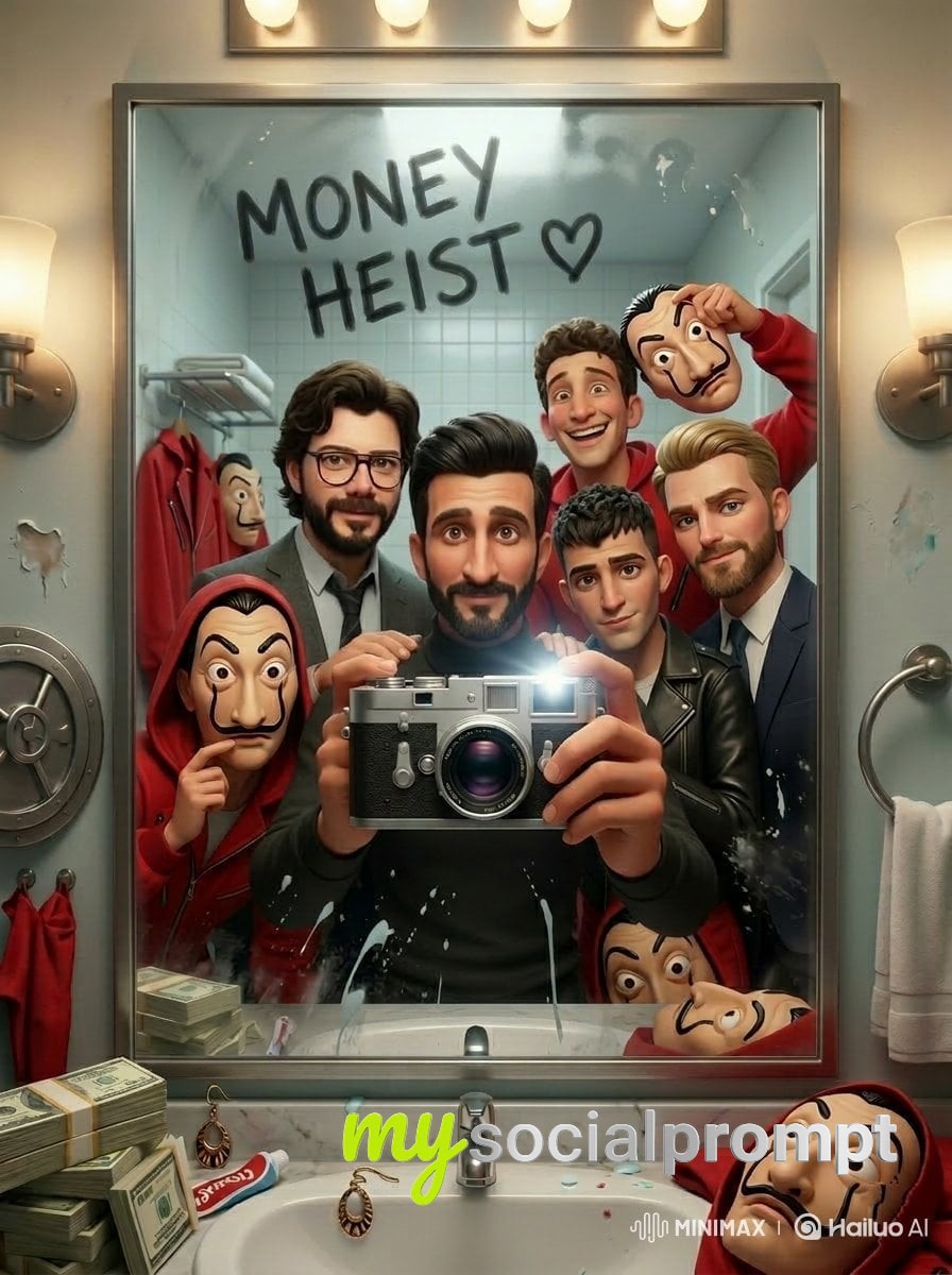 nanobanana prompt: Cinematic Retro 80s Sci-Fi Horror Bathroom Mirror Selfie