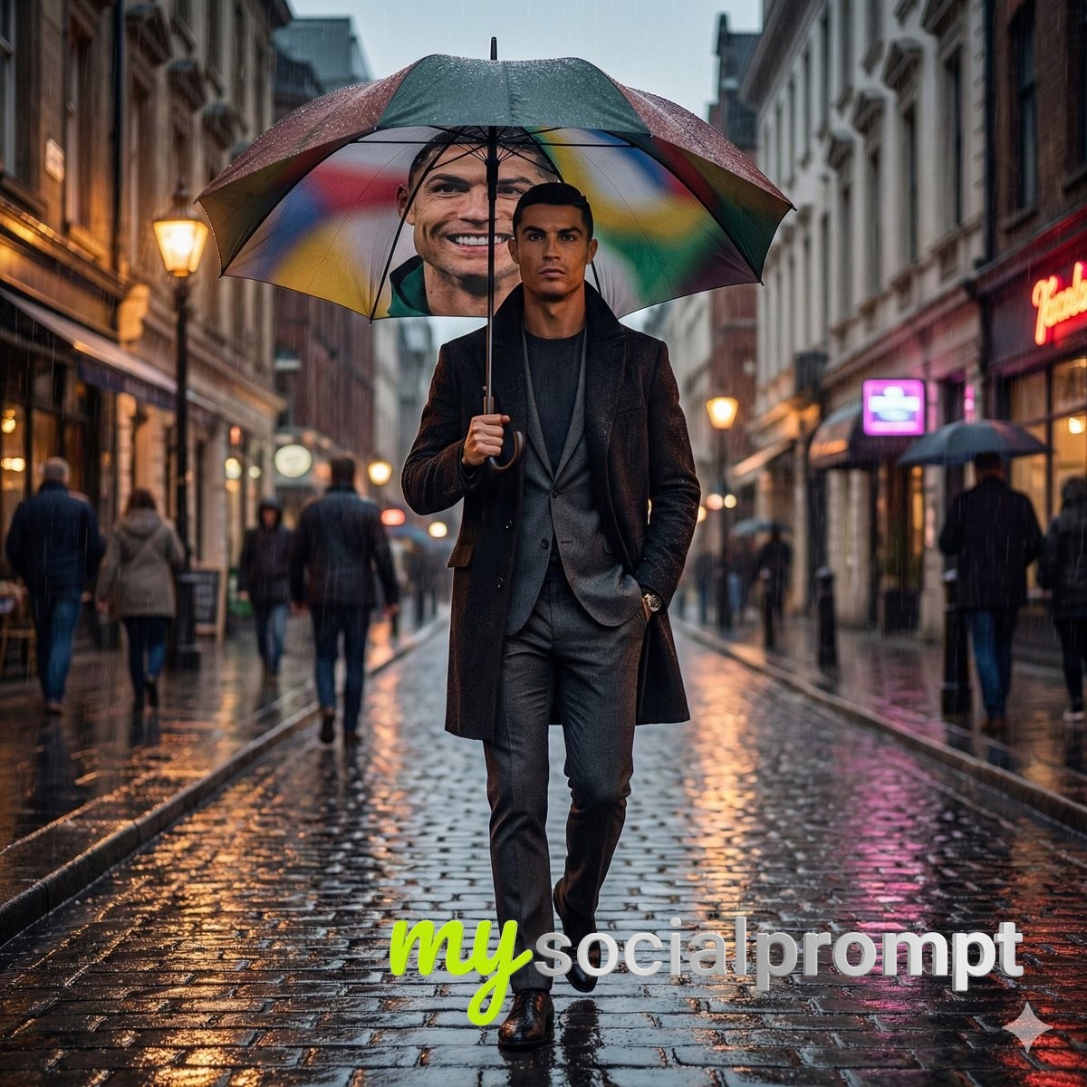 nanobanana prompt: Cinematic Noir Portrait in Rainy European Street