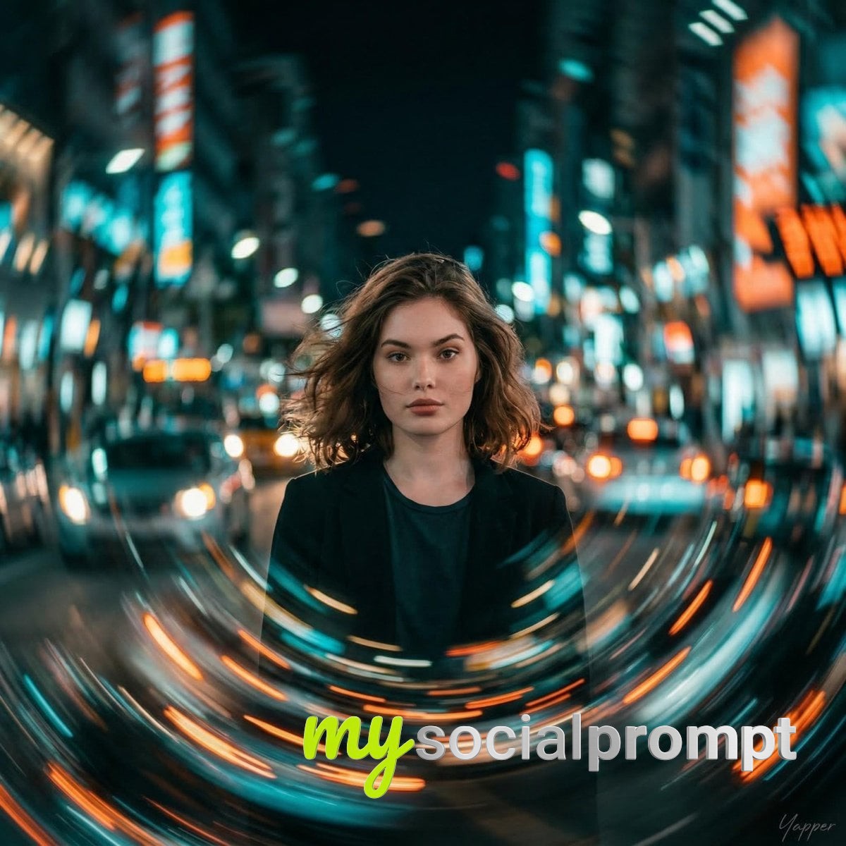 nanobanana prompt: Cinematic portrait of a woman in a gravity-defying urban vortex